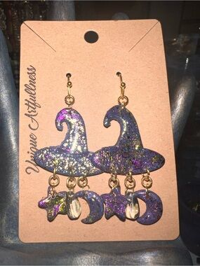 Sparkling Witch Hat Dangle Earrings - Purple/Gold